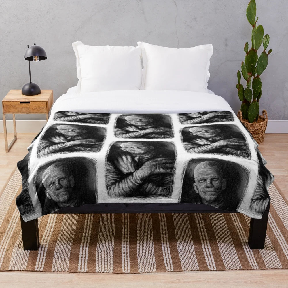 Imhotep mummy inspired plush blanket with horror and classic cinema elements