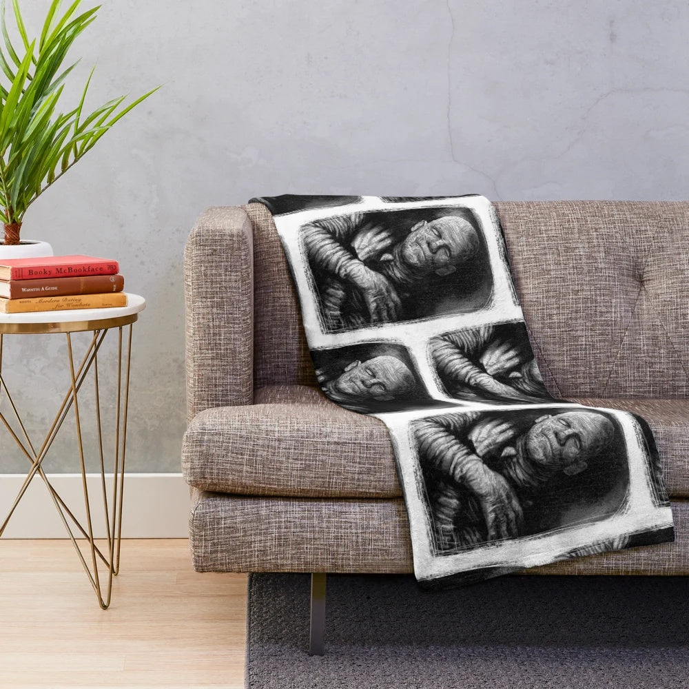 Imhotep mummy inspired plush blanket with horror and classic cinema elements