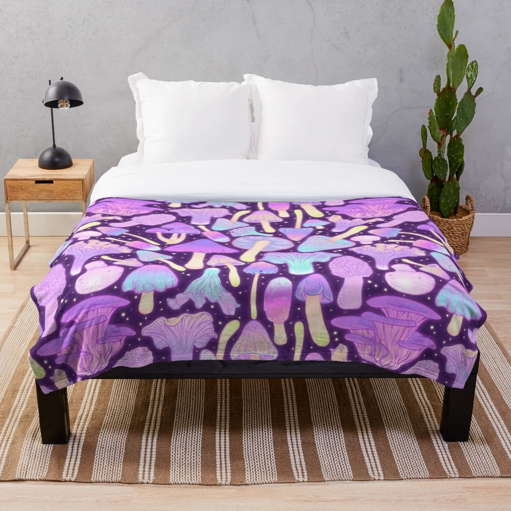 Spooky mushroom pattern plush blanket with woodland creatures and fantasy design
