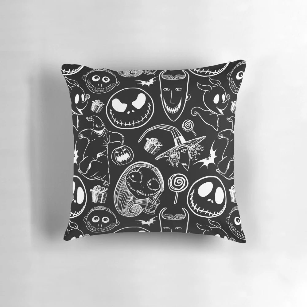 Nightmare Before Christmas-themed throw pillow featuring Jack Skellington, Oogie Boogie, and other iconic characters