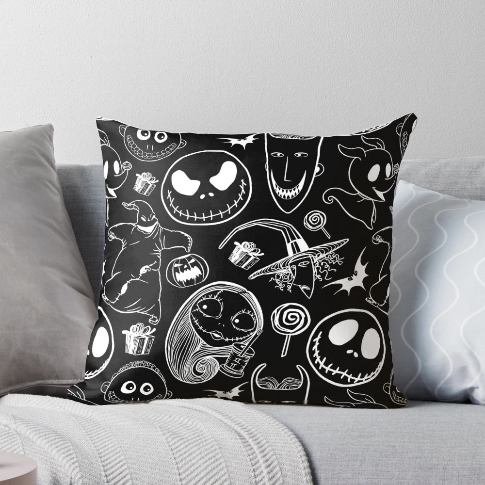 Nightmare Before Christmas-themed throw pillow featuring Jack Skellington, Oogie Boogie, and other iconic characters