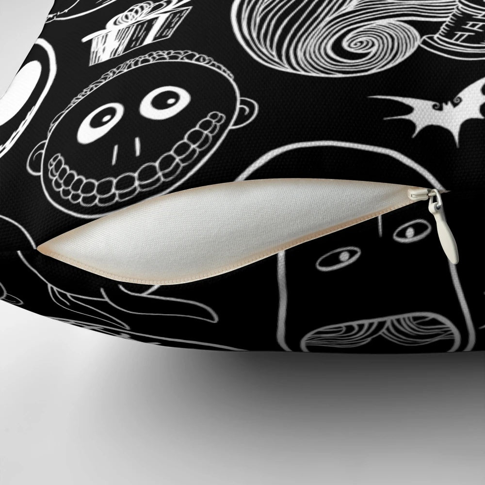 Nightmare Before Christmas-themed throw pillow featuring Jack Skellington, Oogie Boogie, and other iconic characters