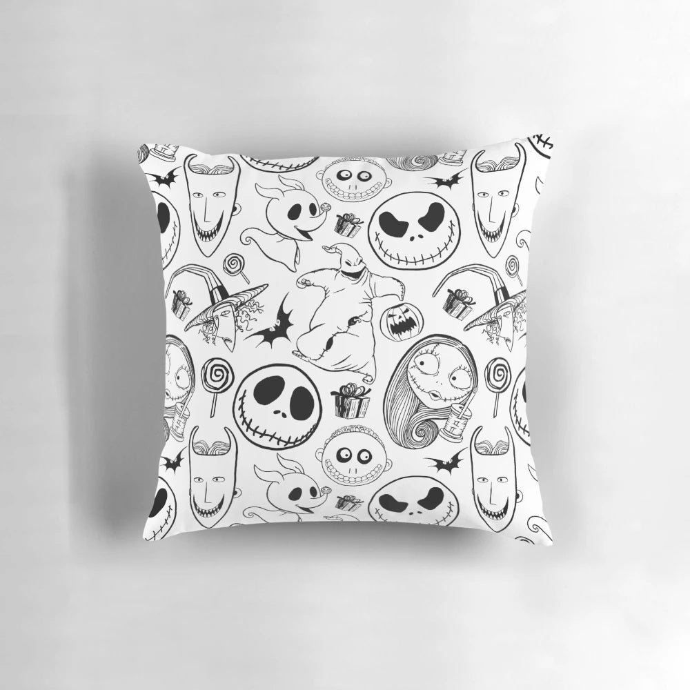 Nightmare Before Christmas-inspired throw pillow cover featuring Jack Skellington, Sally, and other beloved characters