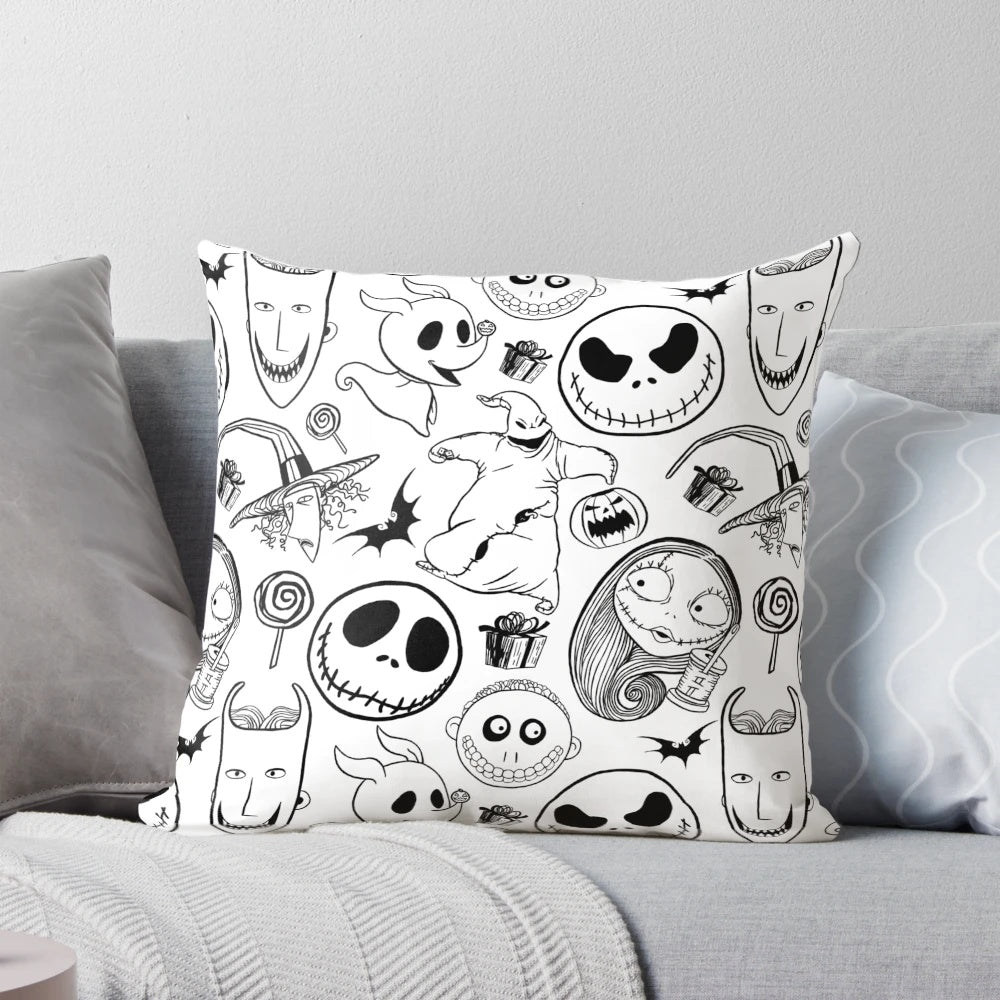 Nightmare Before Christmas-inspired throw pillow cover featuring Jack Skellington, Sally, and other beloved characters