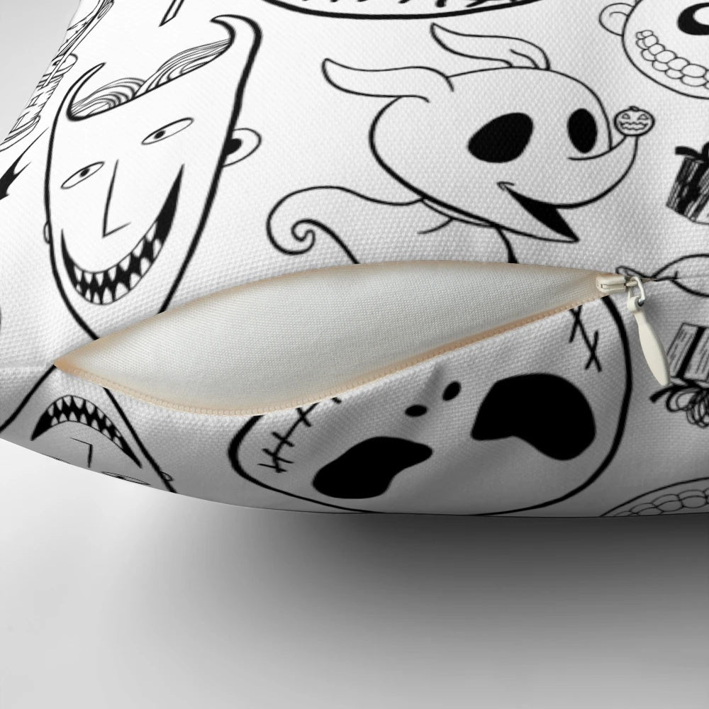 Nightmare Before Christmas-inspired throw pillow cover featuring Jack Skellington, Sally, and other beloved characters