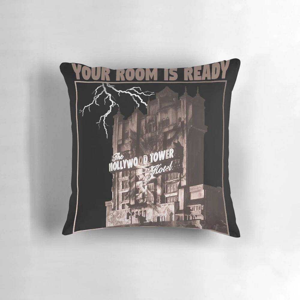 Pillow featuring the iconic Hollywood Tower Hotel from Disney's Twilight Zone Tower of Terror attraction