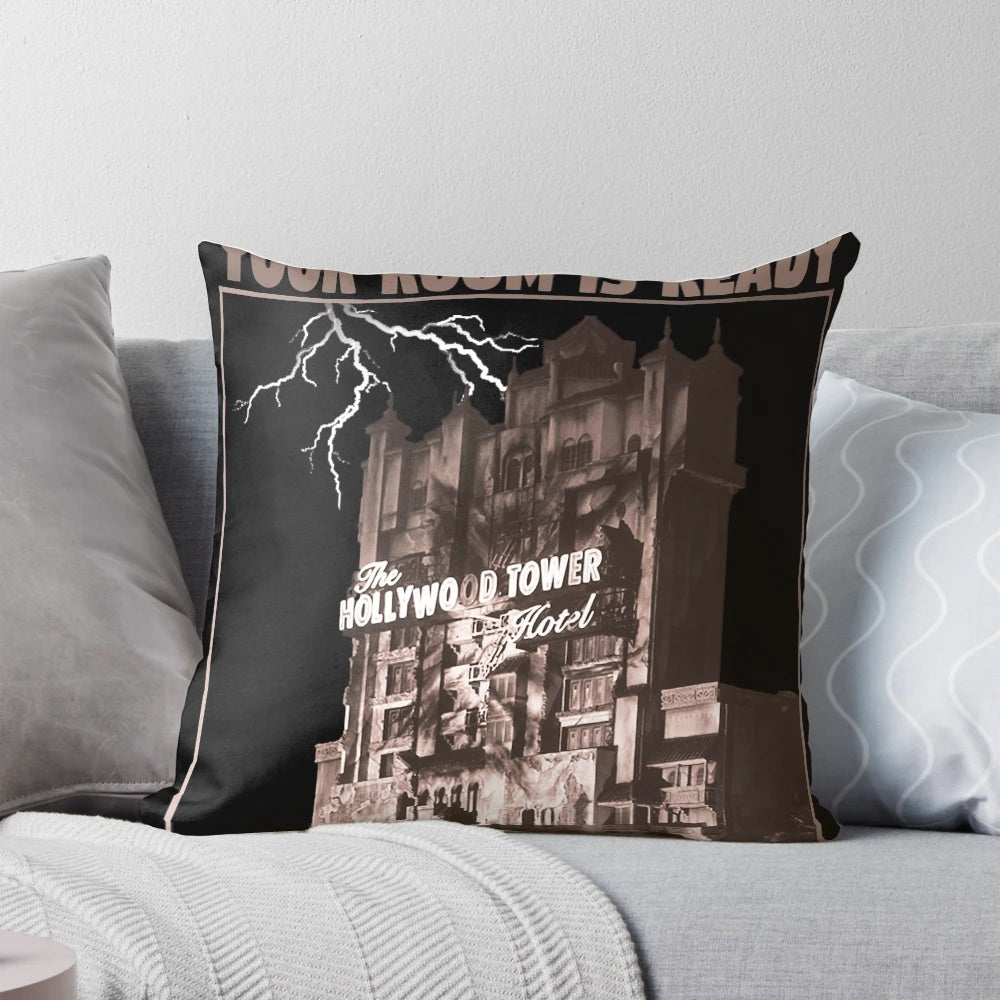 Pillow featuring the iconic Hollywood Tower Hotel from Disney's Twilight Zone Tower of Terror attraction