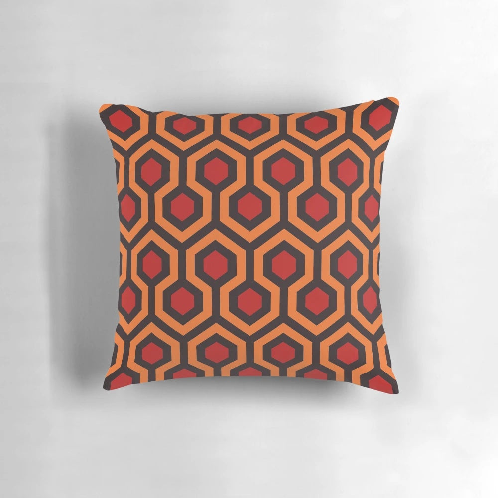 Overlook Hotel-themed pillow with geometric pattern and horror movie vibes