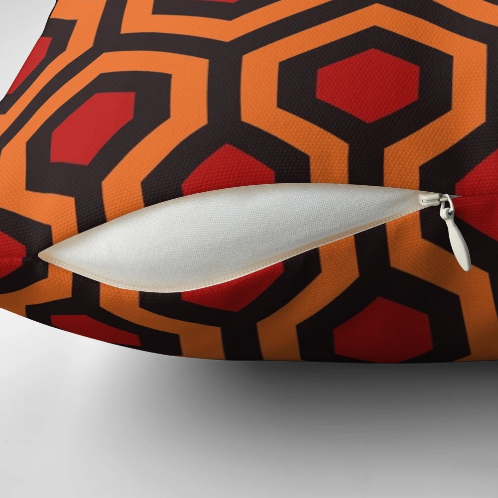 Overlook Hotel-themed pillow with geometric pattern and horror movie vibes