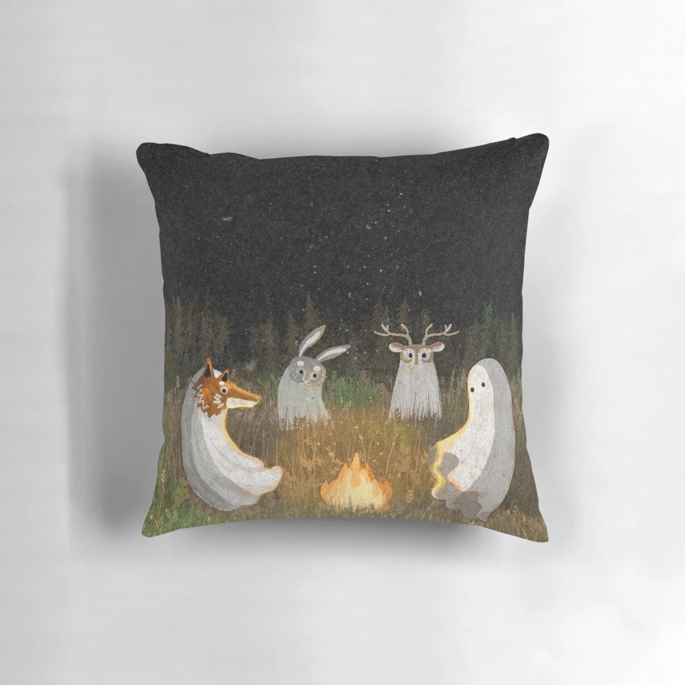 Mystical pillow featuring a ghostly forest scene with animals