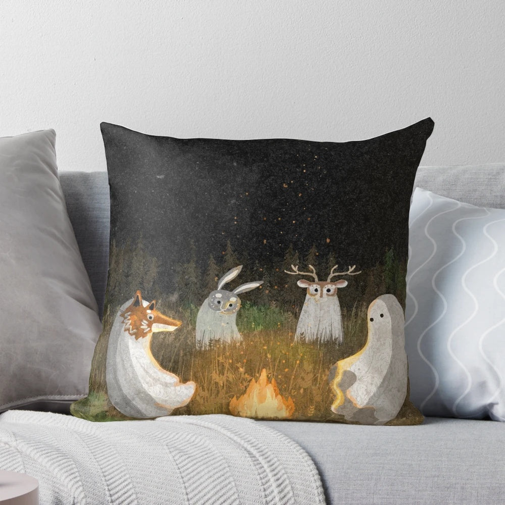Mystical pillow featuring a ghostly forest scene with animals