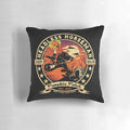Vintage-inspired pillow featuring a headless horseman logo, perfect for fall and Halloween decor.