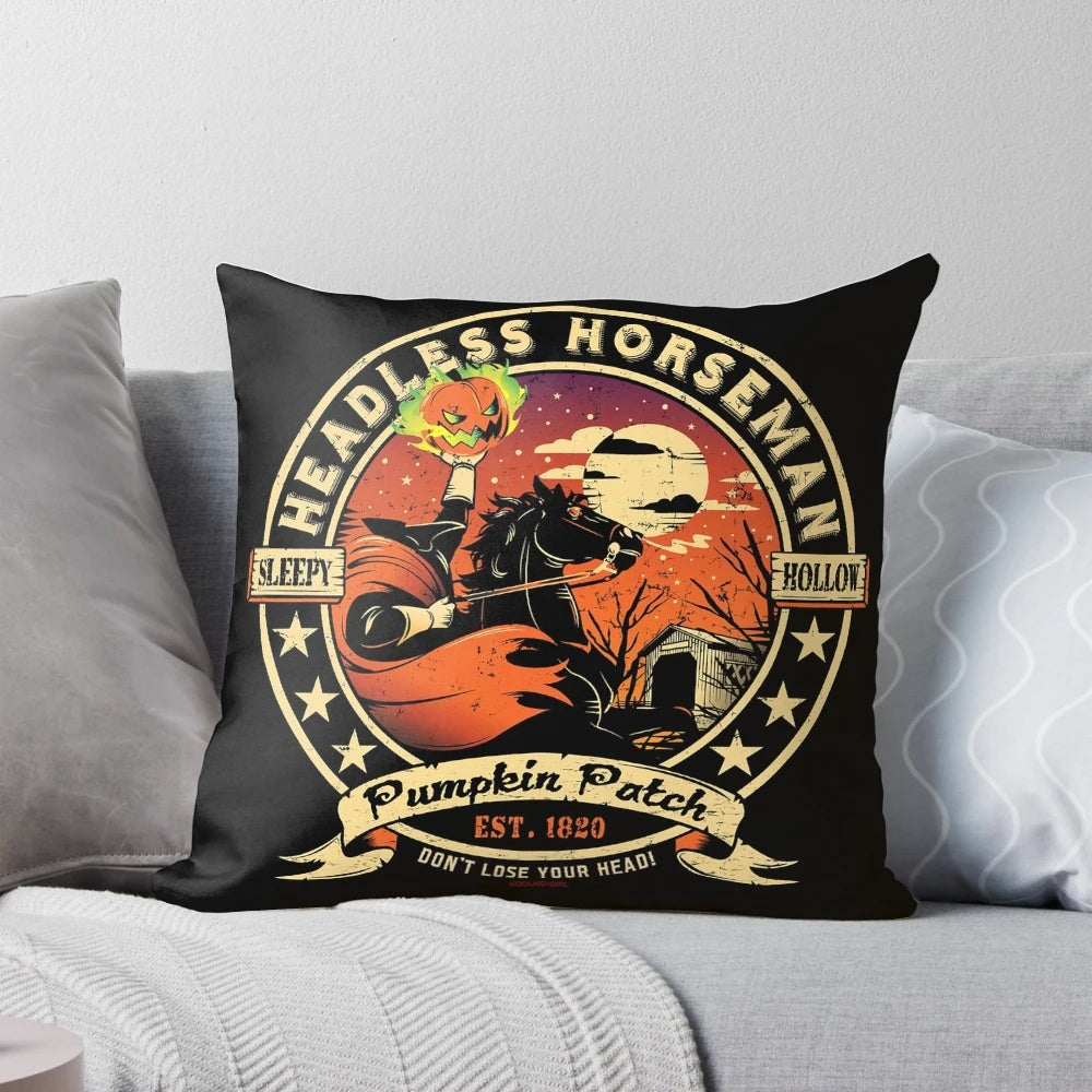 Vintage-inspired pillow featuring a headless horseman logo, perfect for fall and Halloween decor.