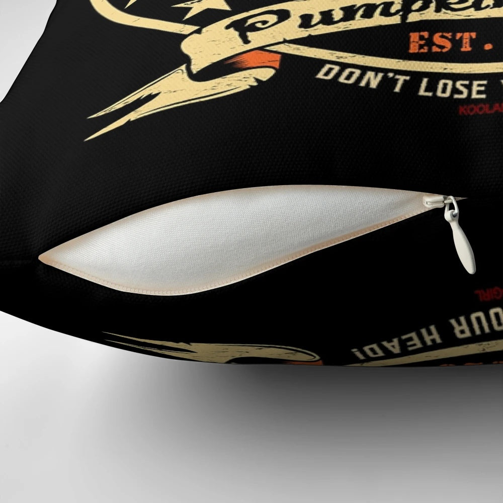 Vintage-inspired pillow featuring a headless horseman logo, perfect for fall and Halloween decor.