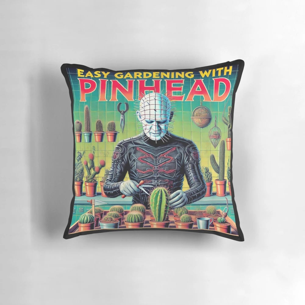 Image of a Pinhead Pillow from the Hellraiser horror franchise, perfect for adding a touch of terror to your garden or Halloween decorations.