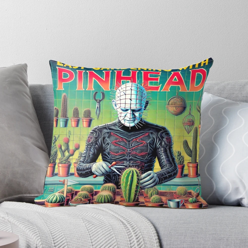Image of a Pinhead Pillow from the Hellraiser horror franchise, perfect for adding a touch of terror to your garden or Halloween decorations.