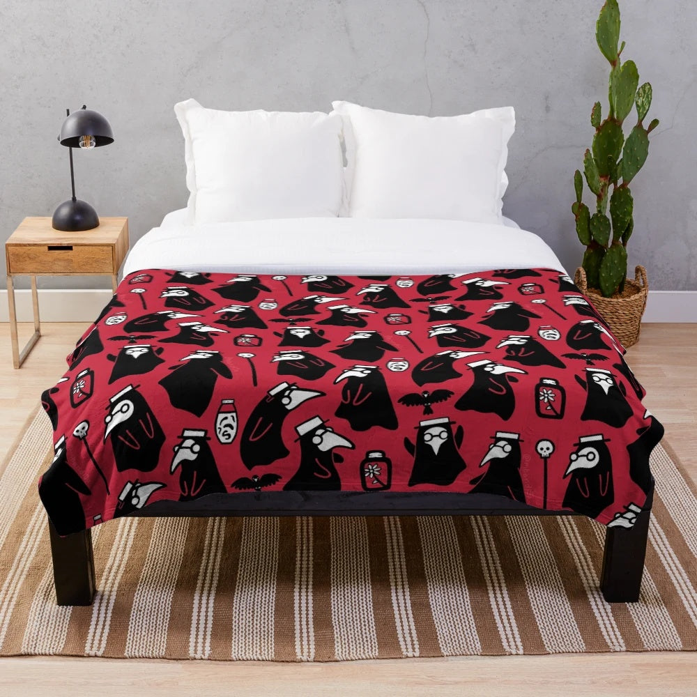 Spooky plague doctor plush blanket with repeating patterns of ravens, leeches, and flowers