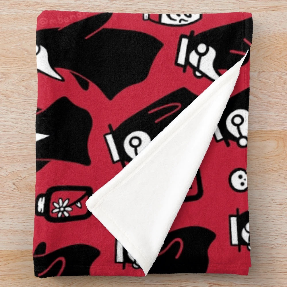 Spooky plague doctor plush blanket with repeating patterns of ravens, leeches, and flowers