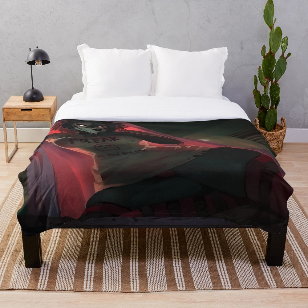 Spooky plush blanket featuring an eerie wolf creature design
