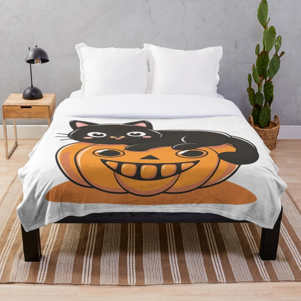 Spooky plush blanket featuring cats, ghosts, and Halloween-themed design