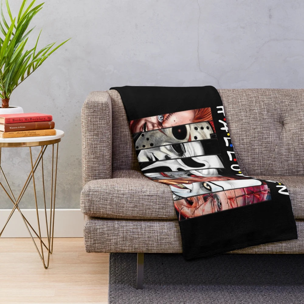 Spooky plush blanket featuring horror movie characters