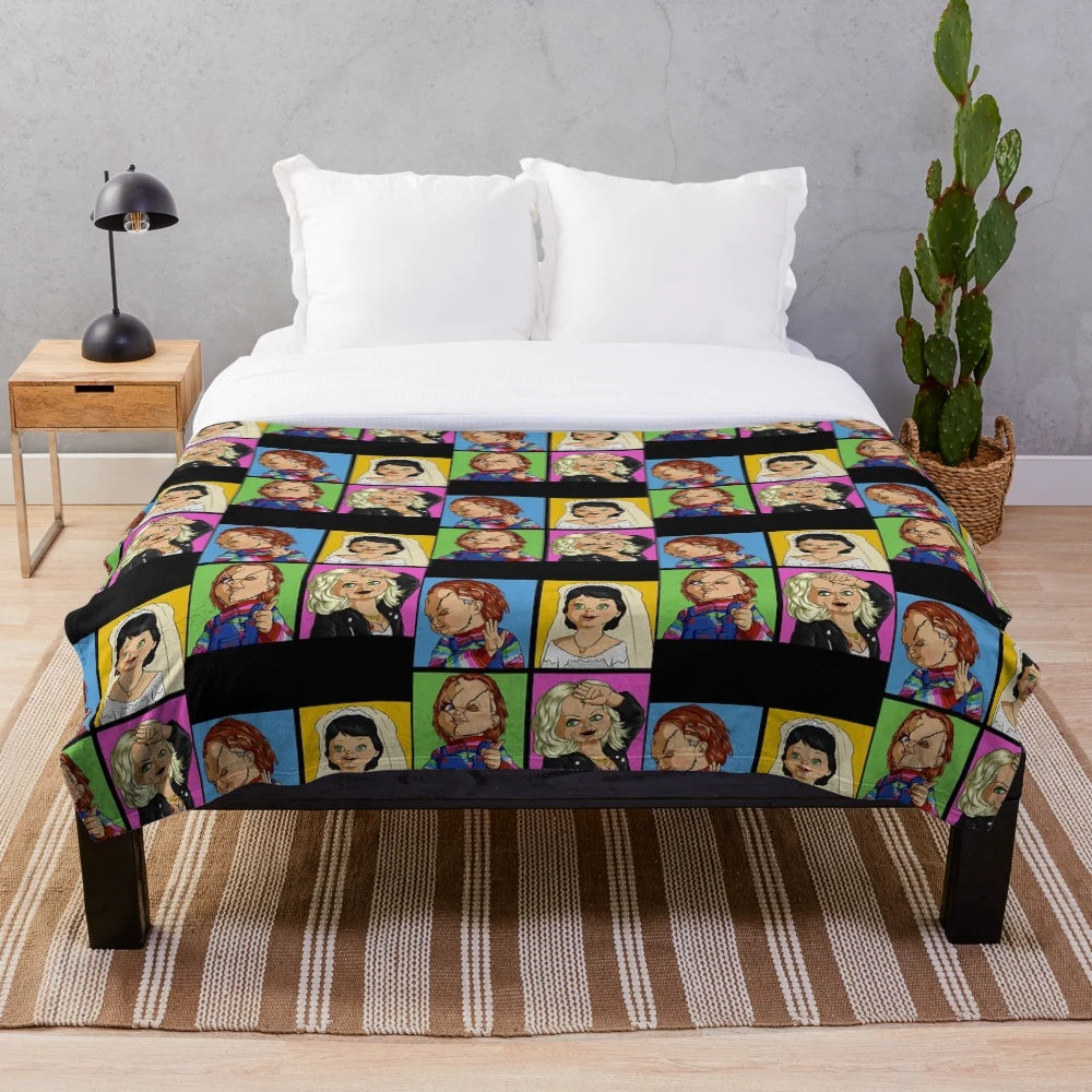 Soft and cozy plush blanket featuring Chucky the doll from horror movies