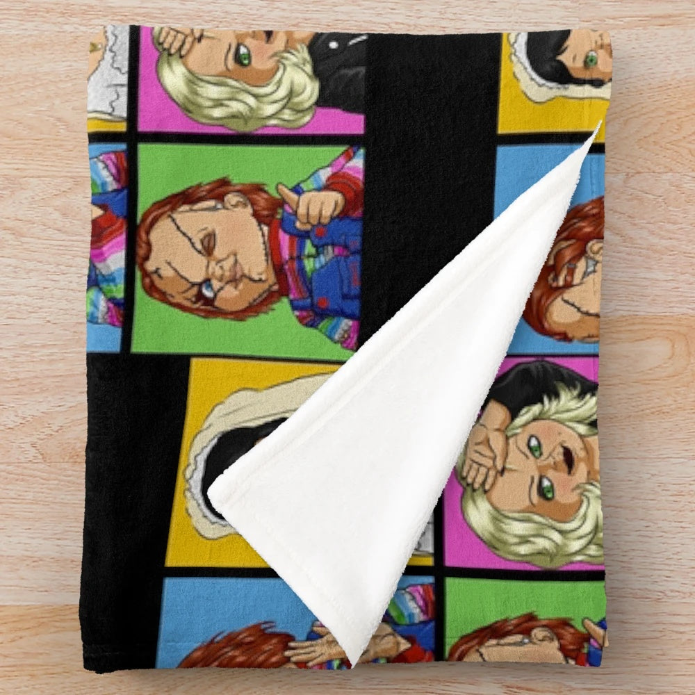 Soft and cozy plush blanket featuring Chucky the doll from horror movies