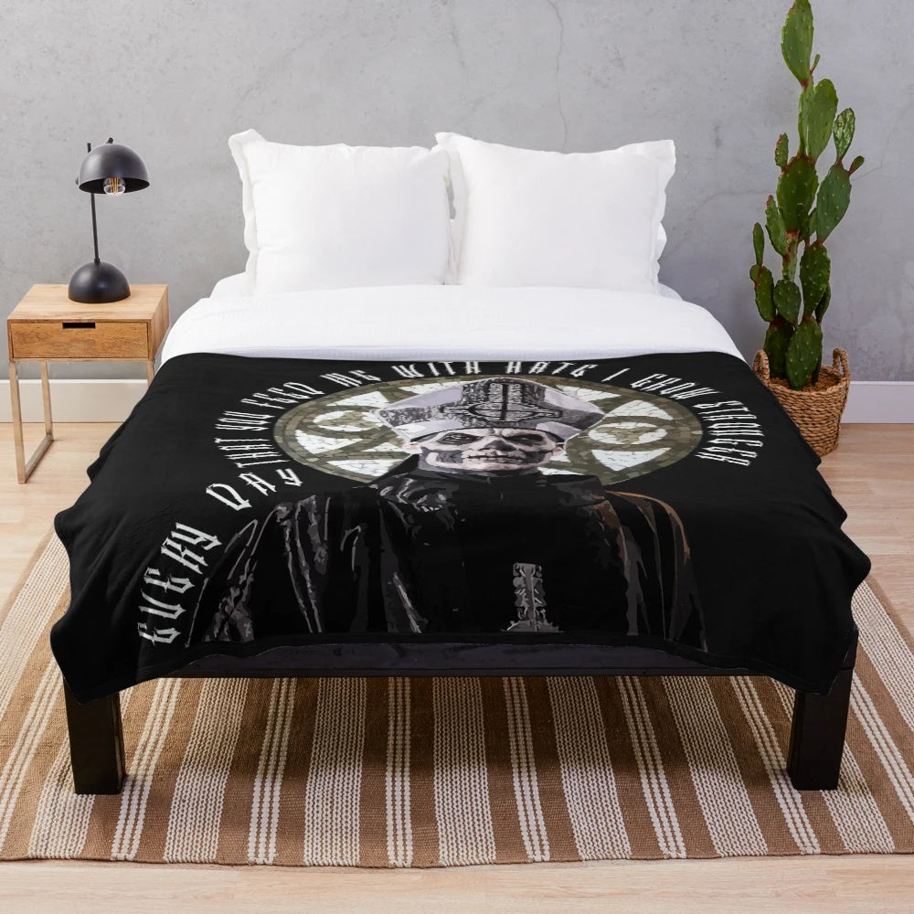 Plush blanket with Opus Eponymous metal band inspired design