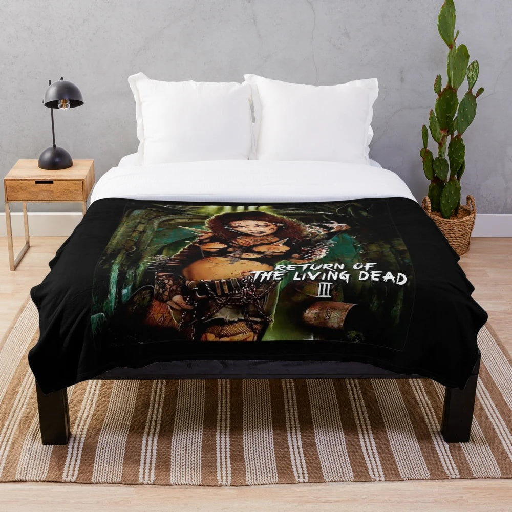 Retro horror movie-inspired plush blanket with spooky design