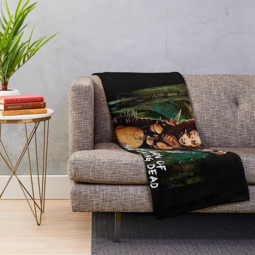 Retro horror movie-inspired plush blanket with spooky design