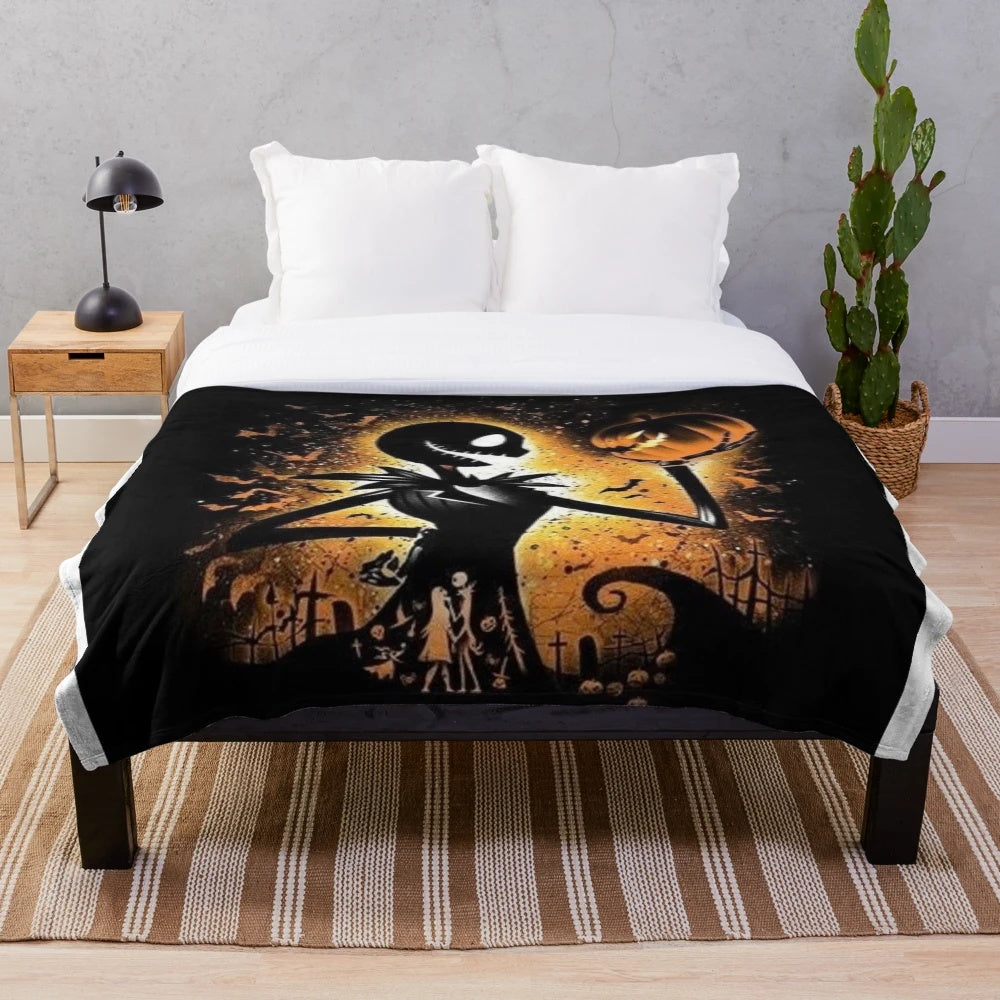 Cozy plush blanket featuring a spooky skeleton and pumpkin design