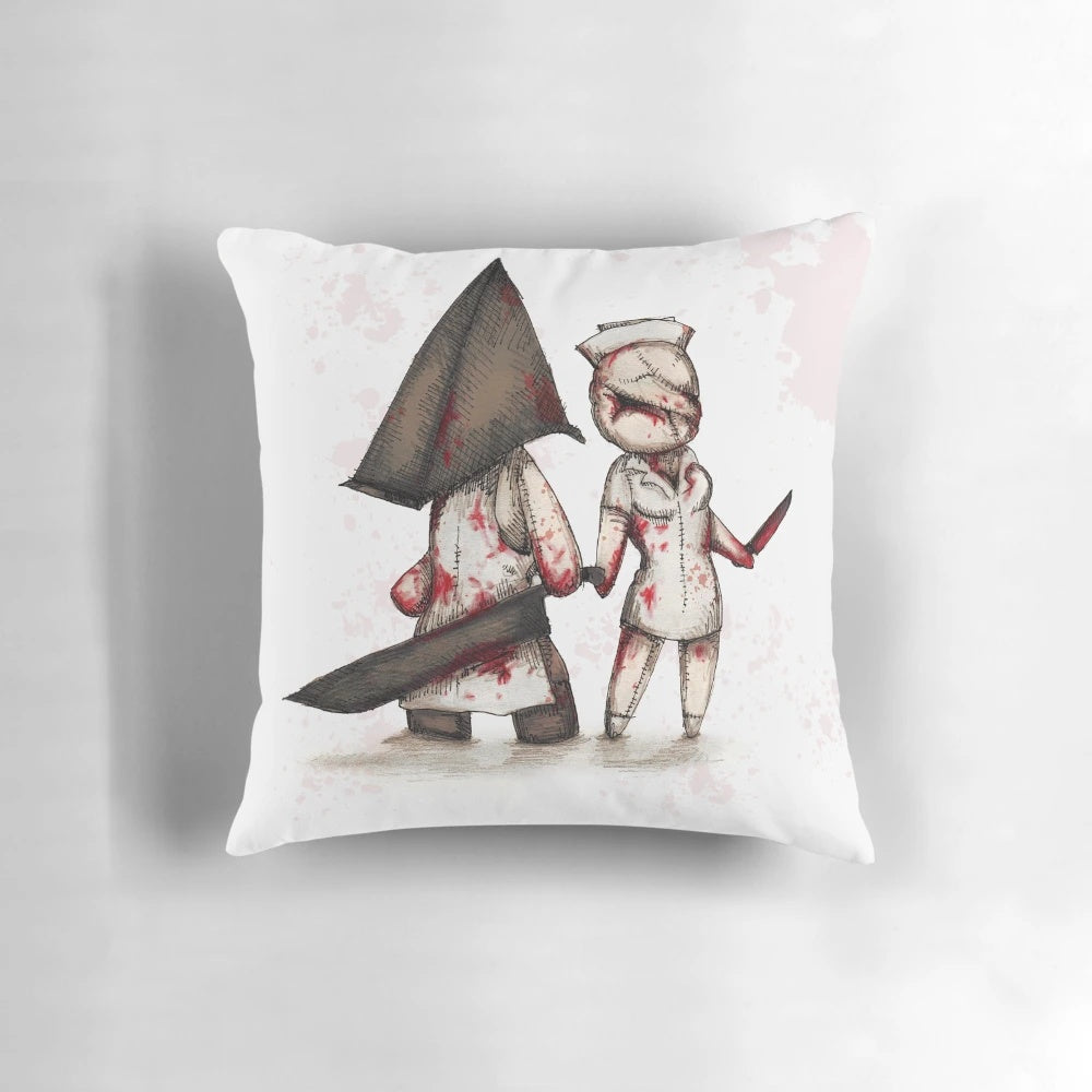 A soft, plush horror-themed pillow featuring a creepy pyramidhead design, perfect for gamers and fans of the supernatural.