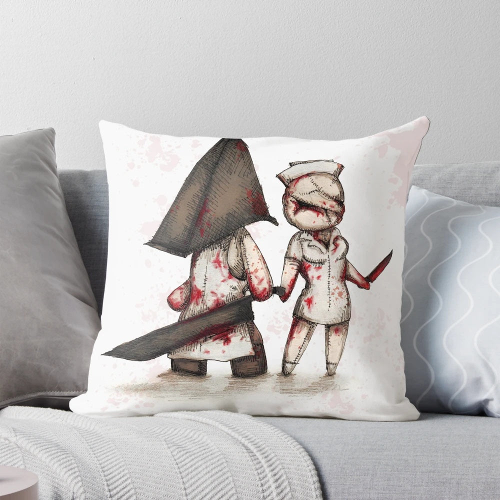 A soft, plush horror-themed pillow featuring a creepy pyramidhead design, perfect for gamers and fans of the supernatural.