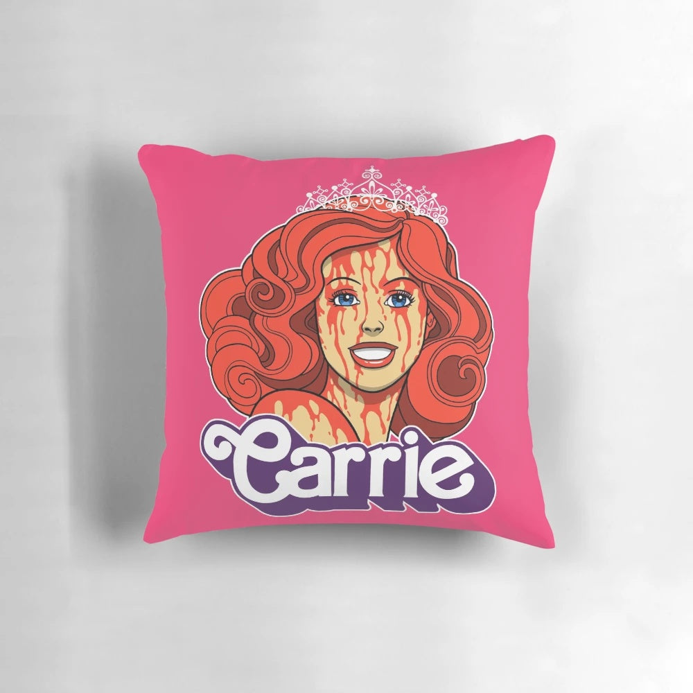 Prom Queen pillow design featuring a horror-themed illustration of a woman in a prom dress