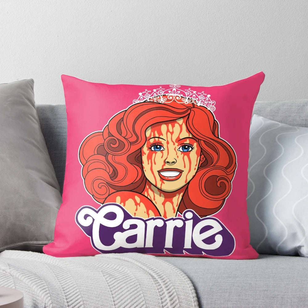 Prom Queen pillow design featuring a horror-themed illustration of a woman in a prom dress