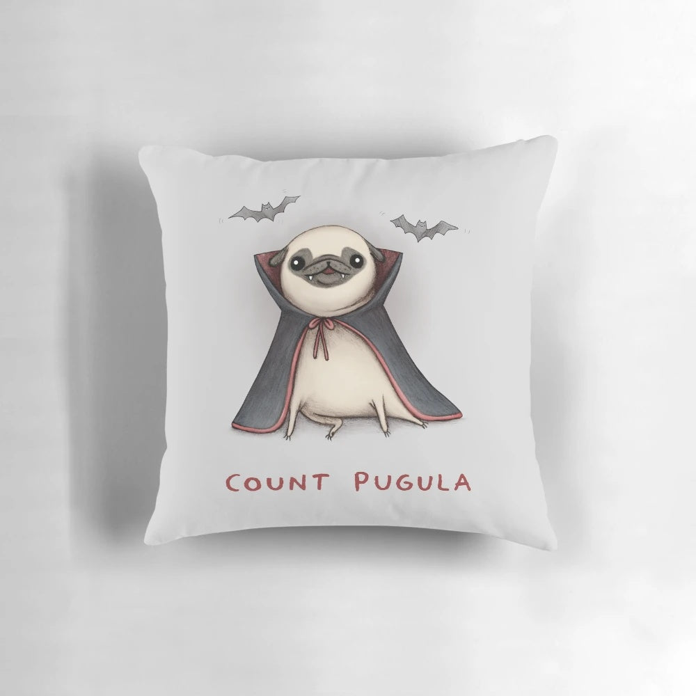 A plush, adorable pillow featuring a pug dressed as the iconic Count Dracula