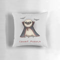 A plush, adorable pillow featuring a pug dressed as the iconic Count Dracula