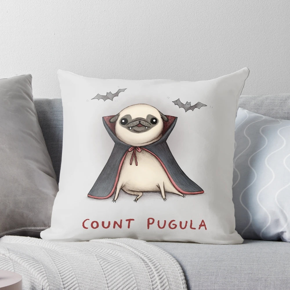 A plush, adorable pillow featuring a pug dressed as the iconic Count Dracula