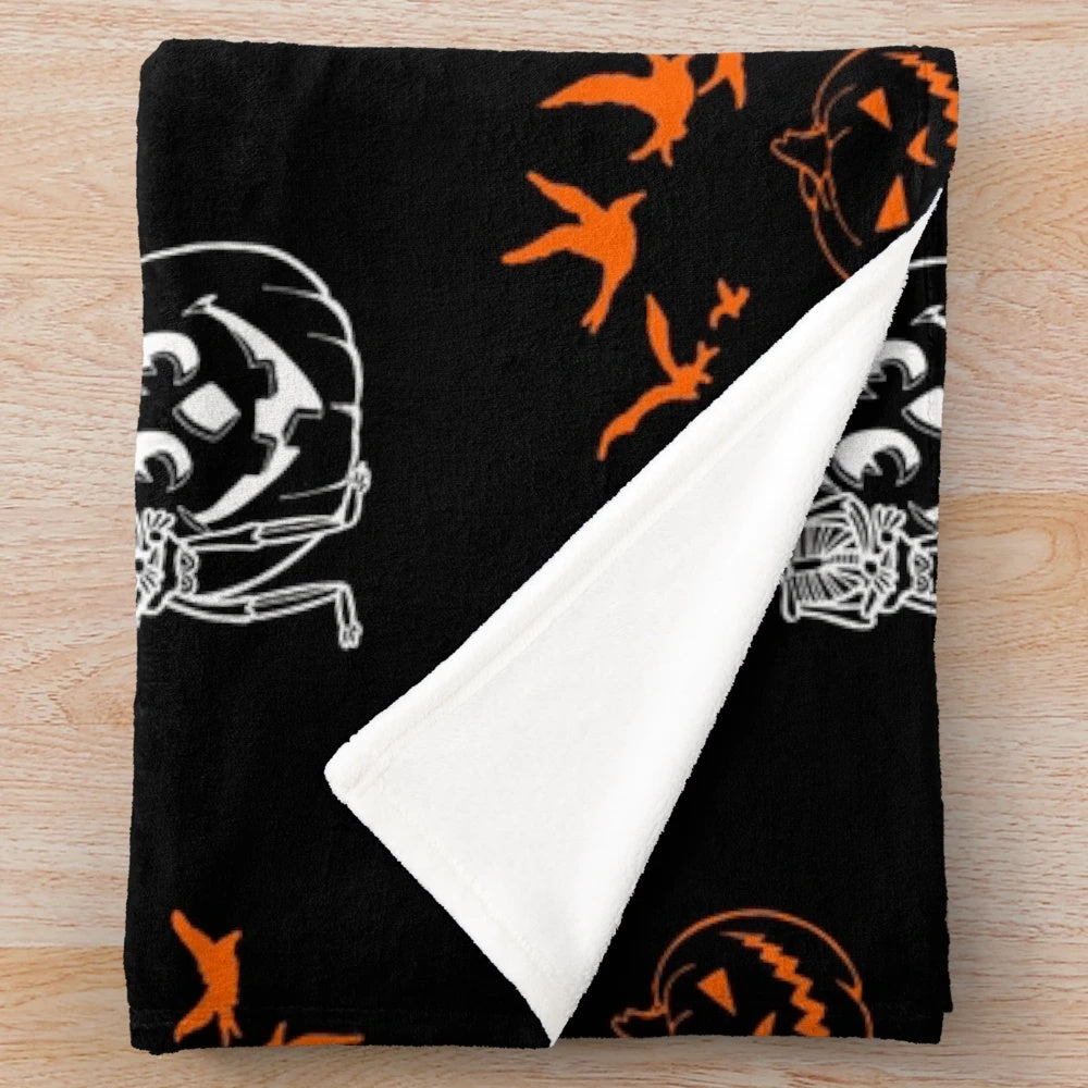 Black and white pumpkin and skeleton pattern plush blanket