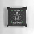 A gothic and punk-inspired Christmas throw pillow featuring a skeletal Christmas tree design.