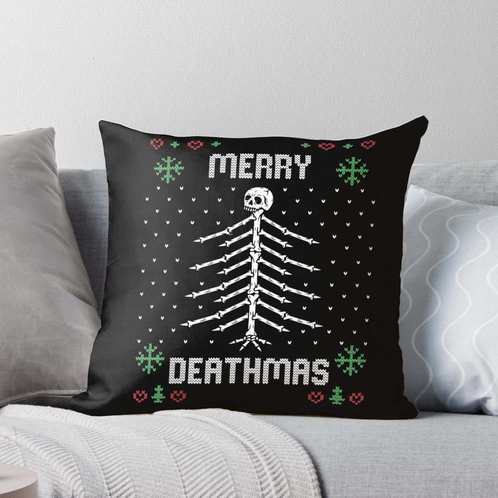 A gothic and punk-inspired Christmas throw pillow featuring a skeletal Christmas tree design.