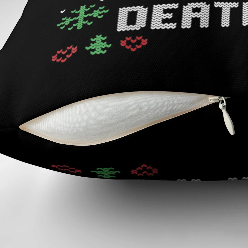 A gothic and punk-inspired Christmas throw pillow featuring a skeletal Christmas tree design.