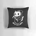 Reaper cat pillow featuring a skeleton cat holding a scythe