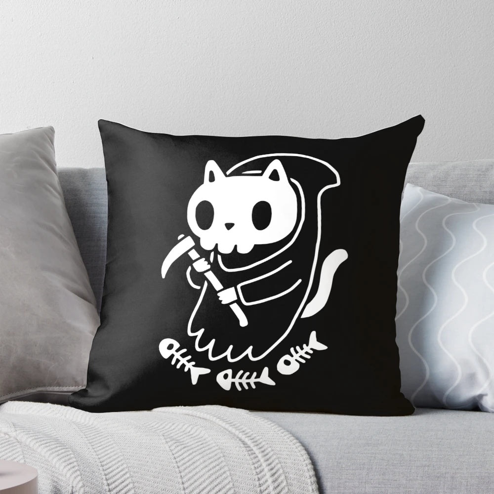 Reaper cat pillow featuring a skeleton cat holding a scythe