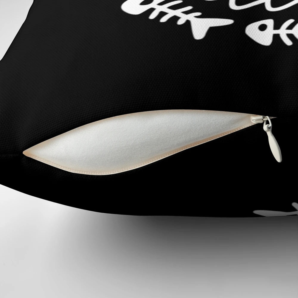 Reaper cat pillow featuring a skeleton cat holding a scythe
