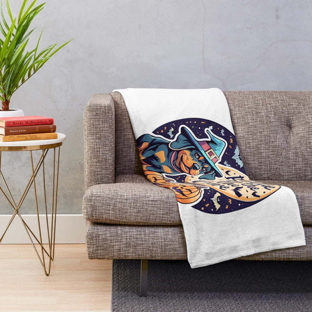 Cozy rottweiler Halloween plush blanket with a funny witch design