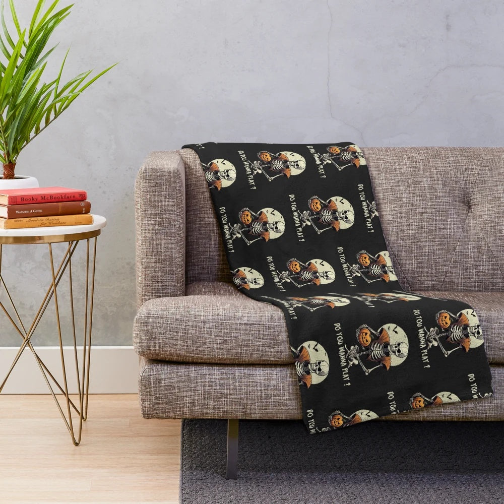 Skeleton playing basketball on a plush, warm blanket