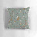 A decorative pillow featuring a skeleton orchestra with various musical instruments like harp, dulcimer, spoons, and more.