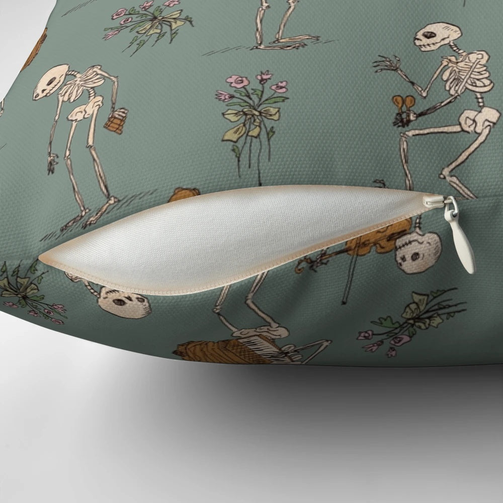 A decorative pillow featuring a skeleton orchestra with various musical instruments like harp, dulcimer, spoons, and more.