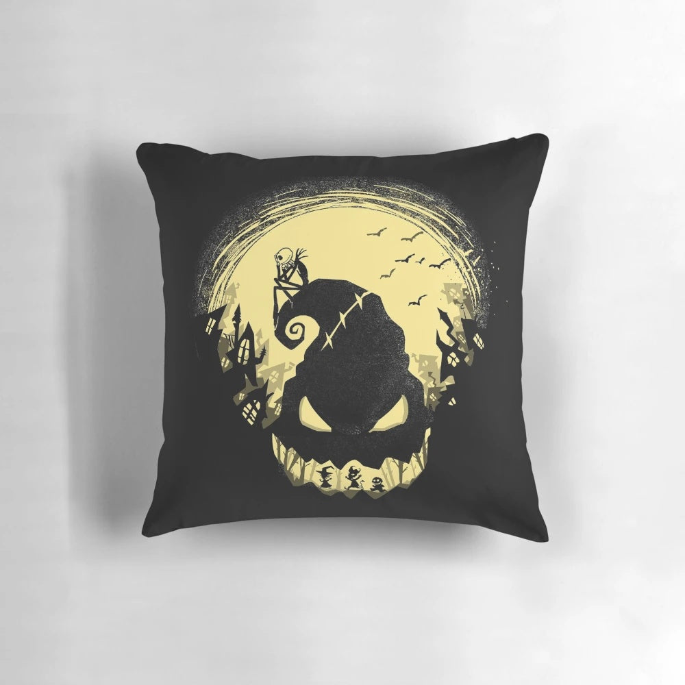 A black and white pillow featuring the iconic Jack Skellington character from The Nightmare Before Christmas.